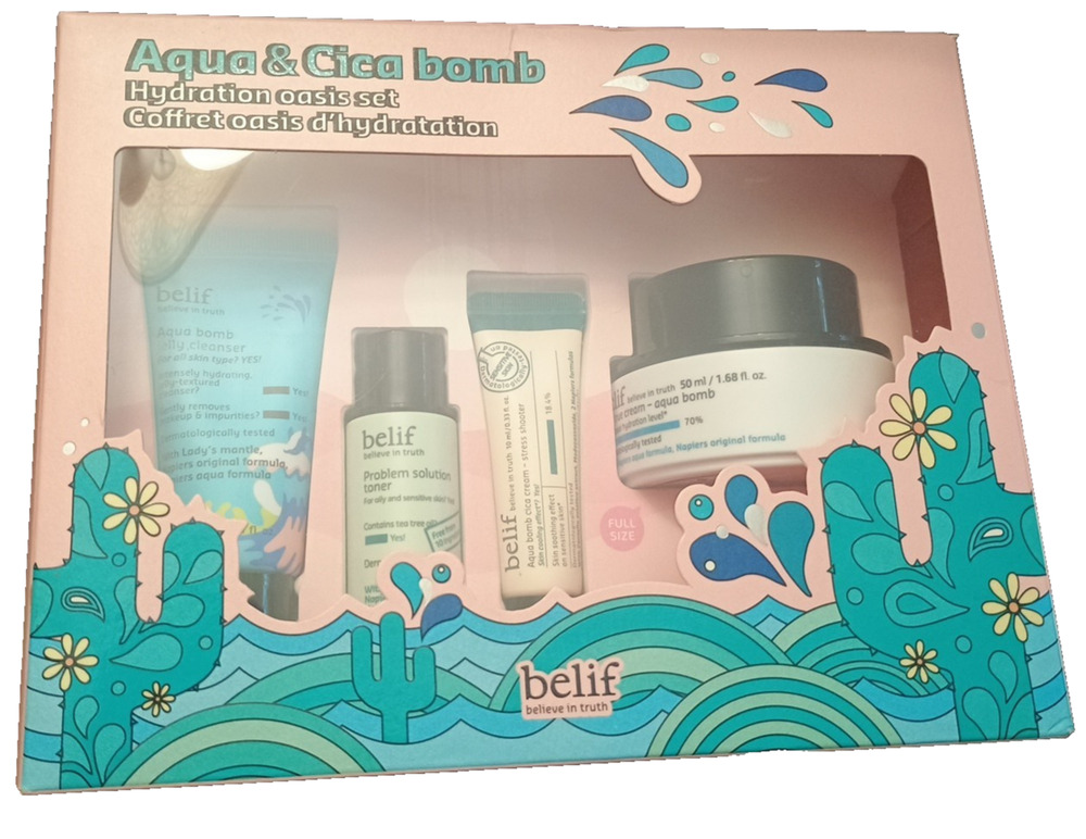 Belif Aqua & Cica Bomb Hydration Oasis 4 Piece Cleanser Moisturizer Set New